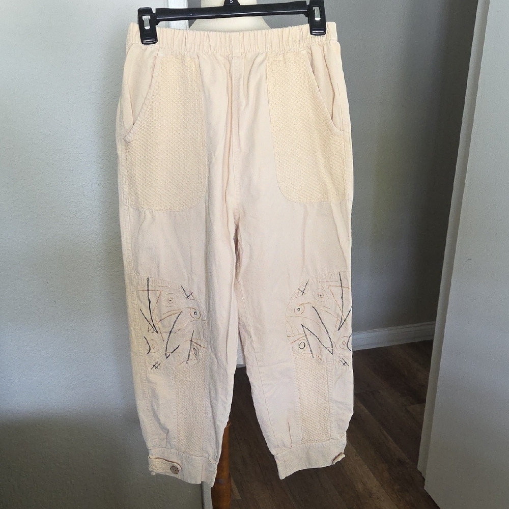 Cream Casual Embroidered Elastic Waist Pants